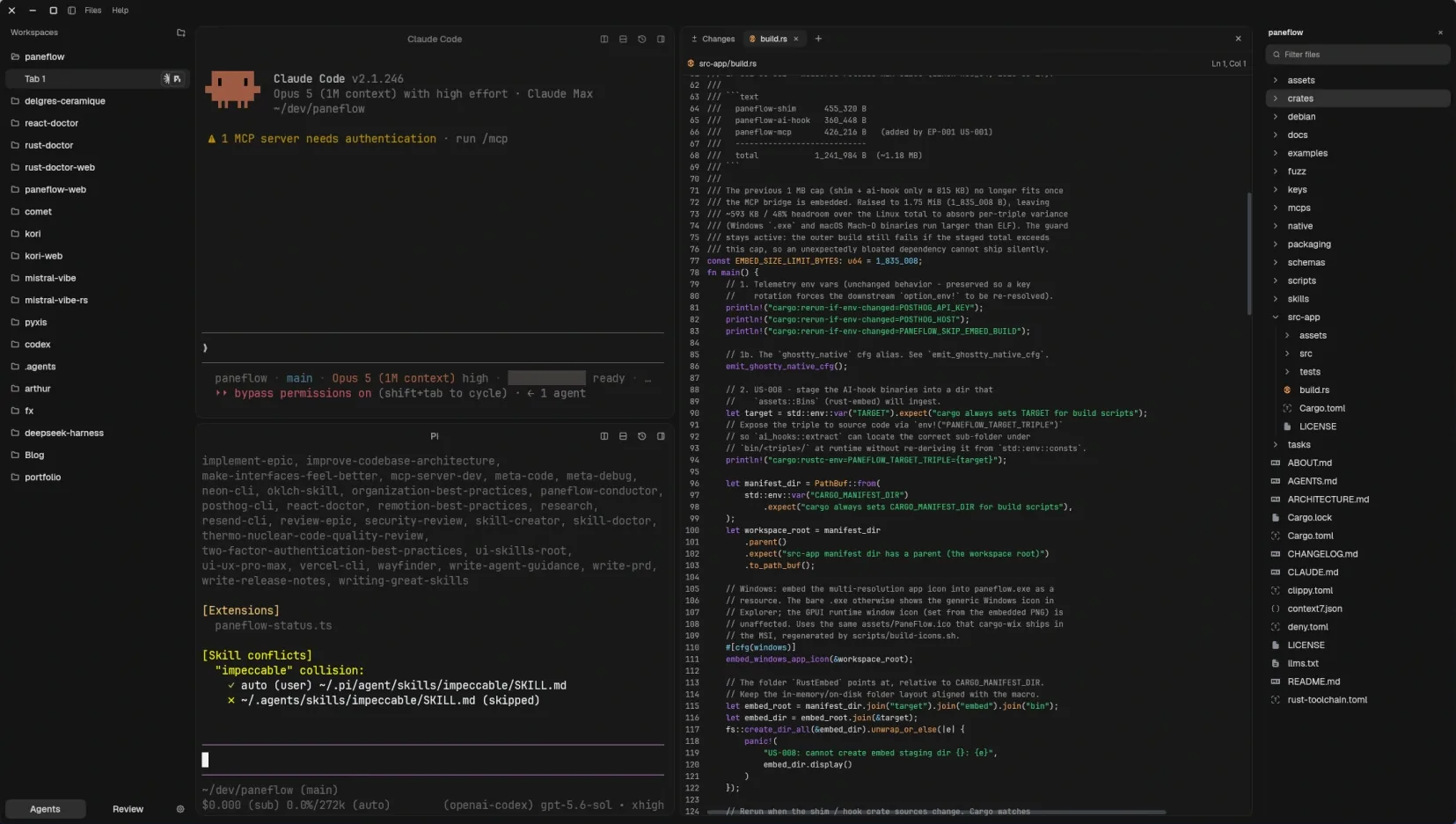 Paneflow workspace with Claude Code and Pi running in parallel panes, a source file open in the editor, and the files sidebar
