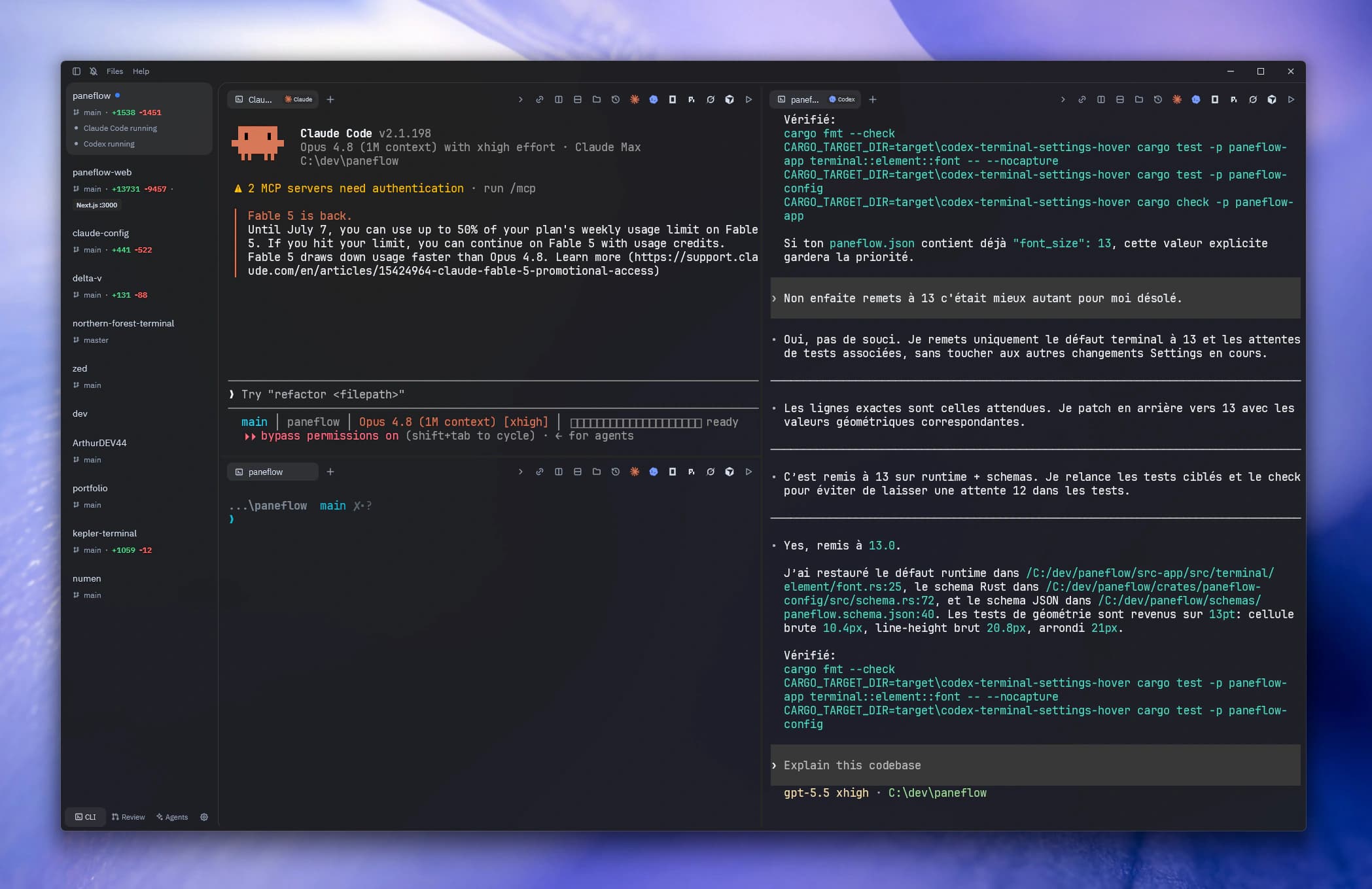 マルチペイン ワークスペースを実行する Paneflow：左ペインに Claude Code、中央にソースコード、右にレビュー用エージェント。