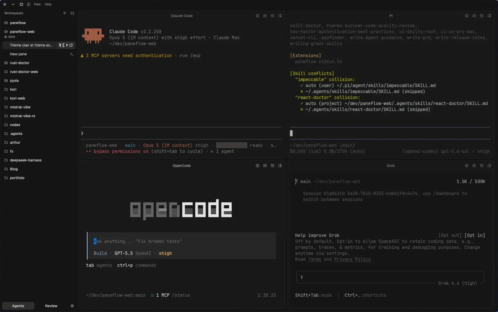 Claude Code, Pi, OpenCode and Grok running in four split panes of one Paneflow workspace, each status line showing its MCP servers