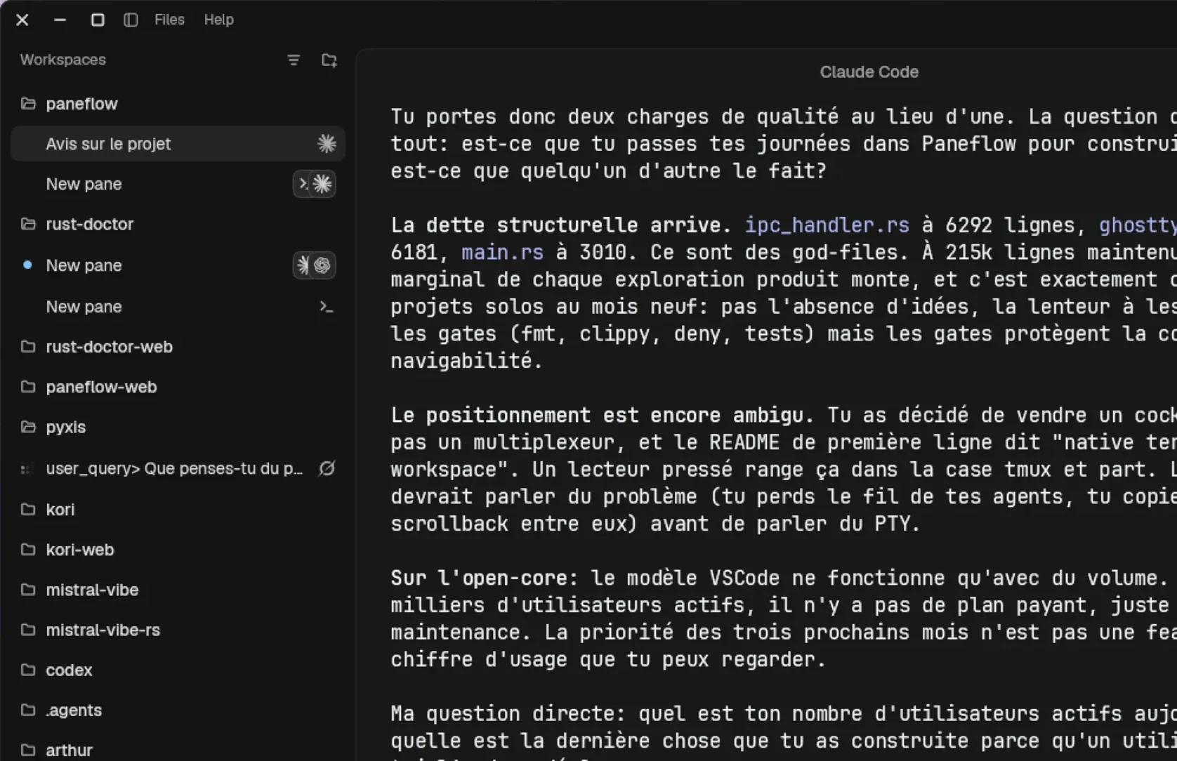 Paneflow sidebar listing workspaces and their panes with each agent's status, next to a Claude Code pane