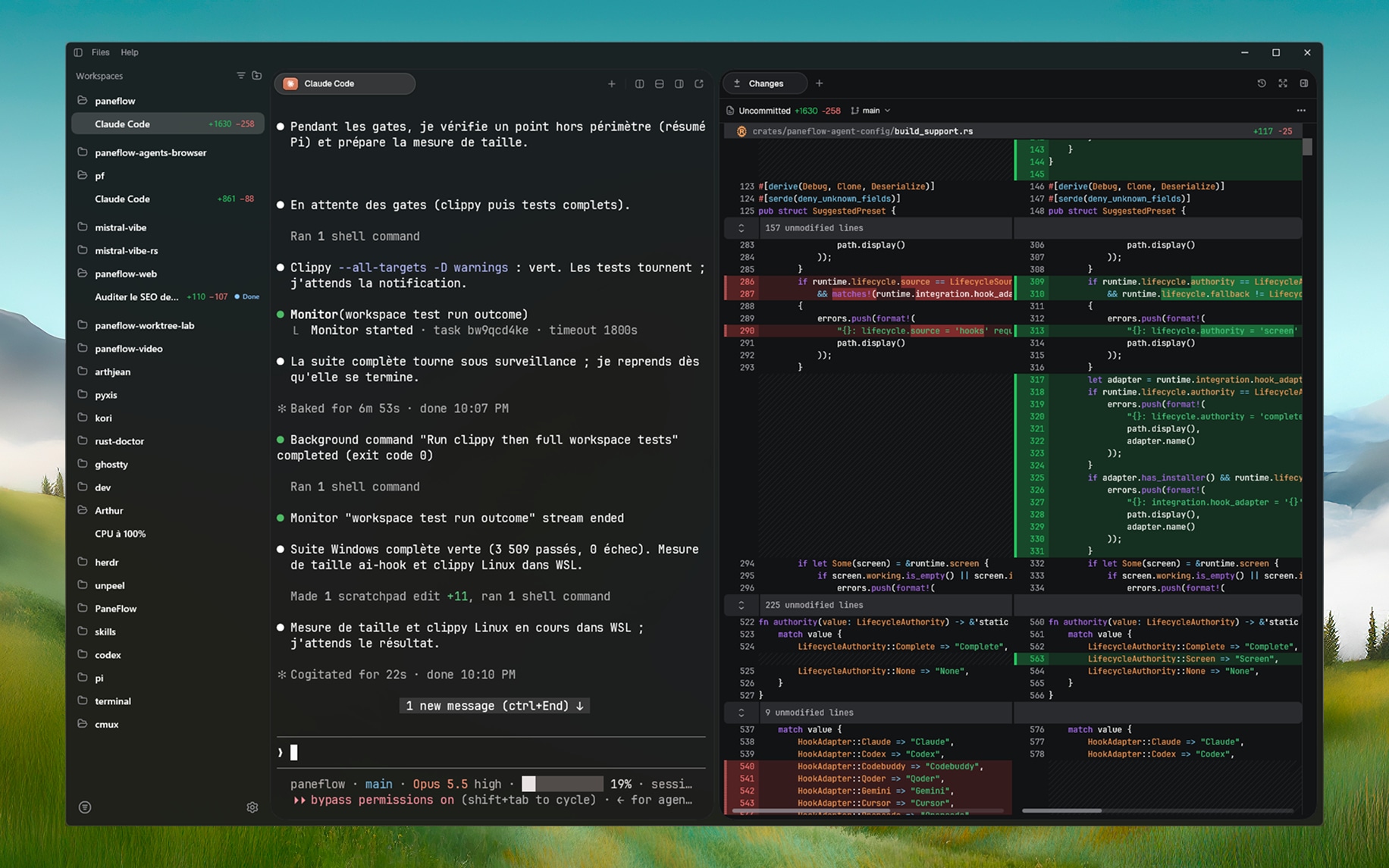 Paneflow dock open on the Changes tab: a split diff of Rust files with changed lines highlighted, next to a Claude Code pane