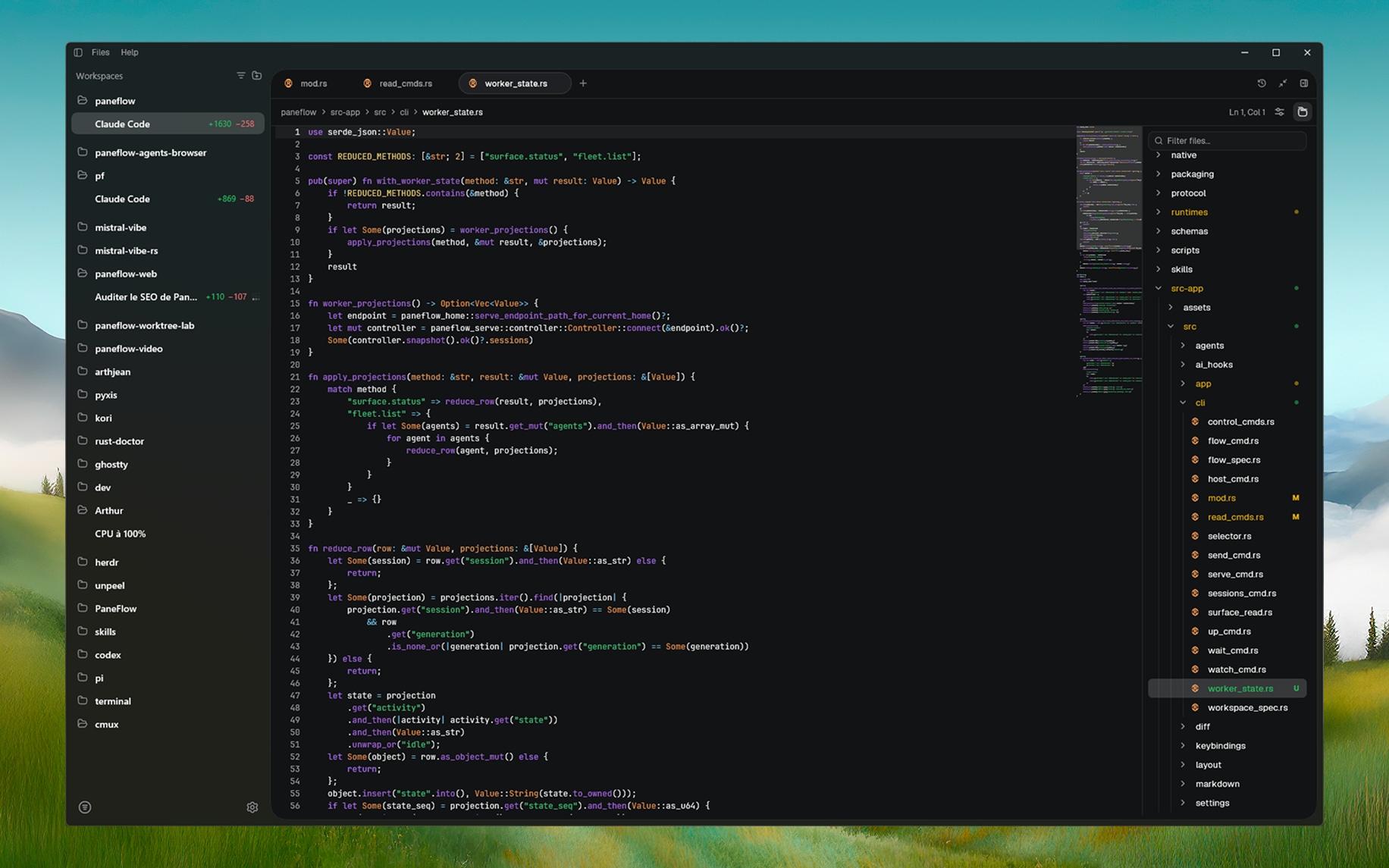 Paneflow editor with worker_state.rs open, syntax highlighting, a minimap, file tabs, and the file tree with its filter on the right