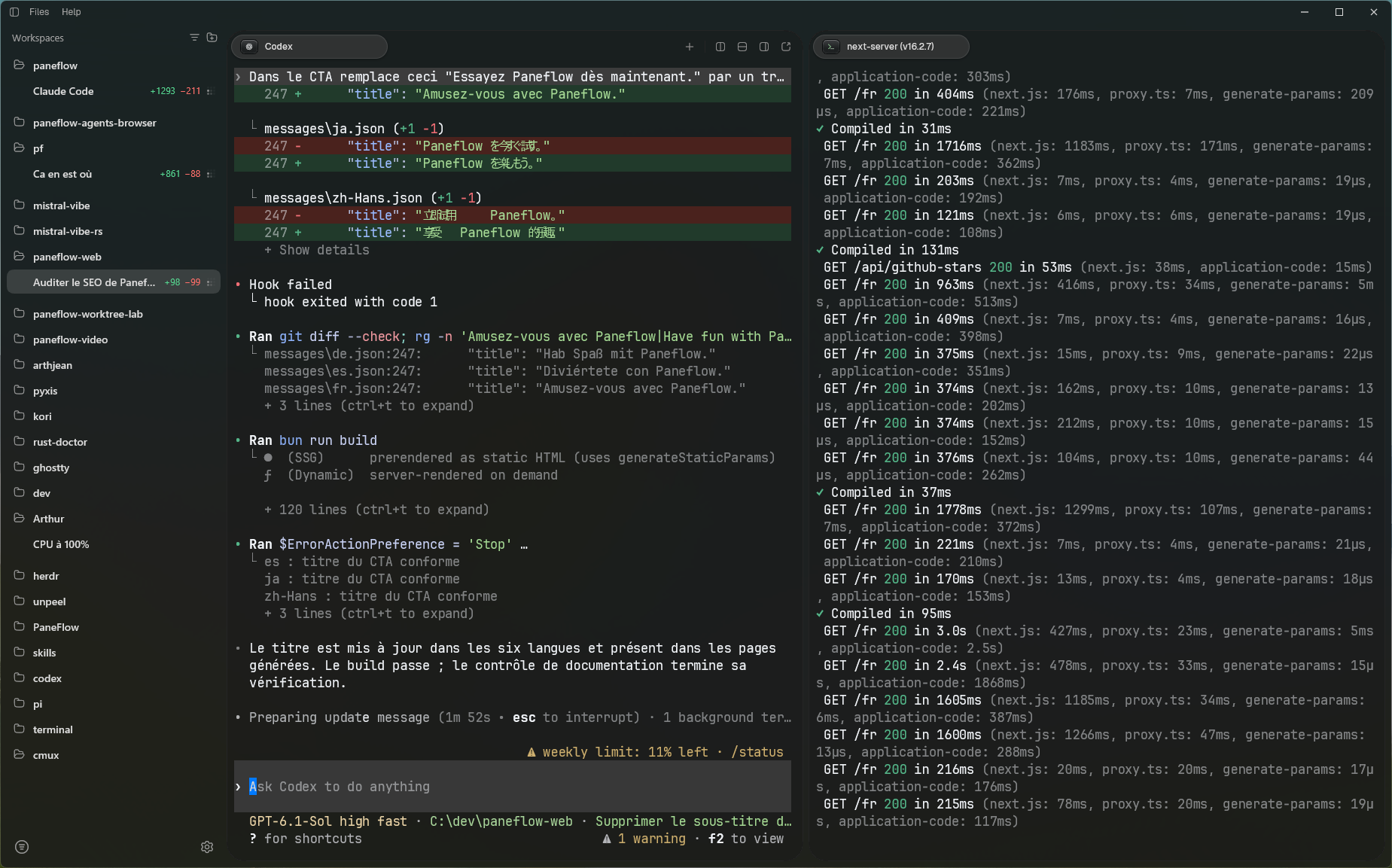 Paneflow with repositories and sessions in the sidebar, Codex in one terminal pane, and a Next.js development server in a second pane