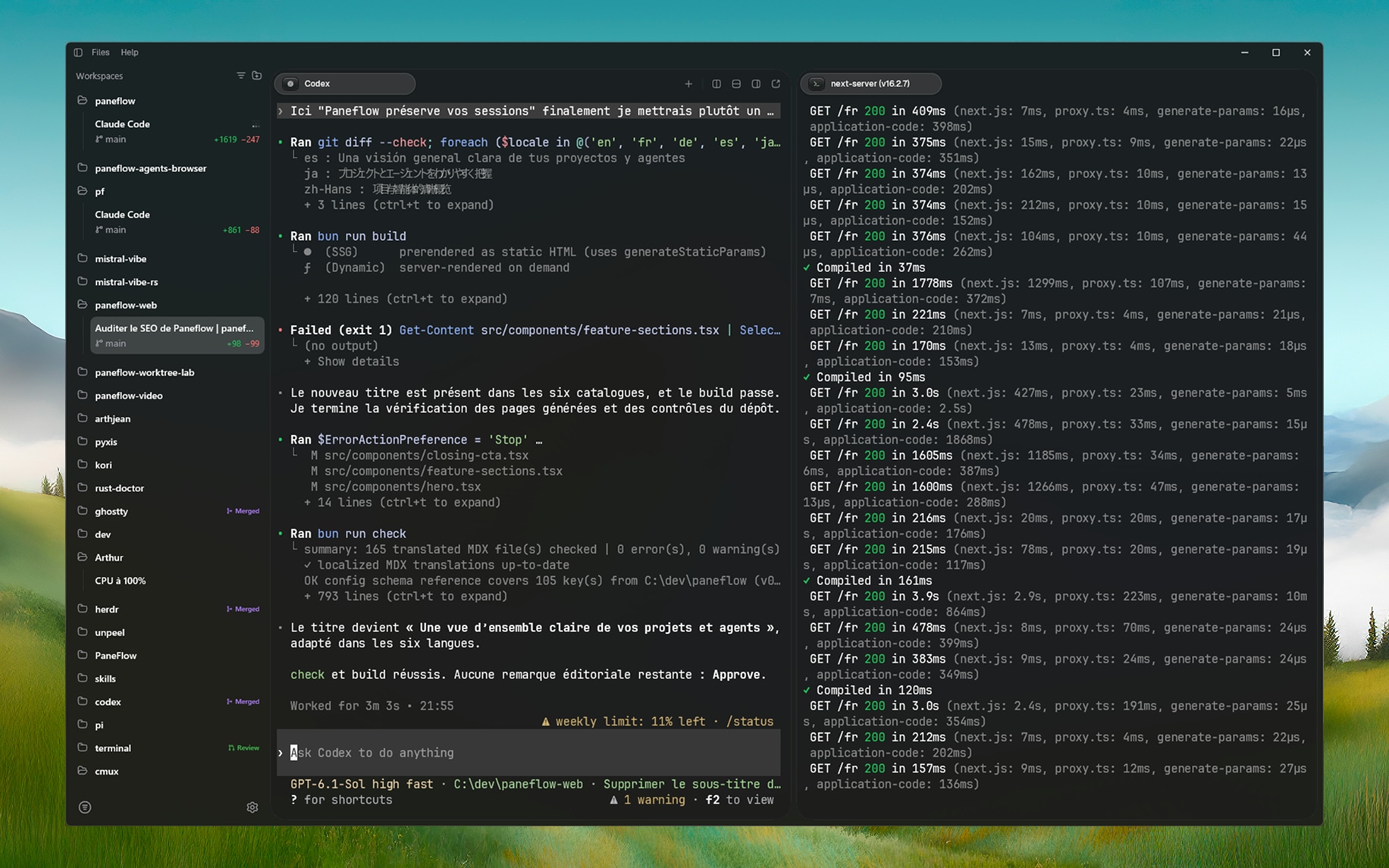 Paneflow with several repositories and sessions in the sidebar, Codex in one terminal pane, and a Next.js development server in a second pane