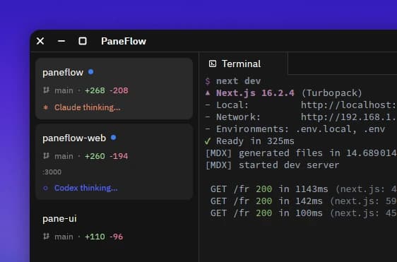 Paneflow workspace sidebar showing each project's git branch, diff stats, and live agent status (Claude and Codex thinking)