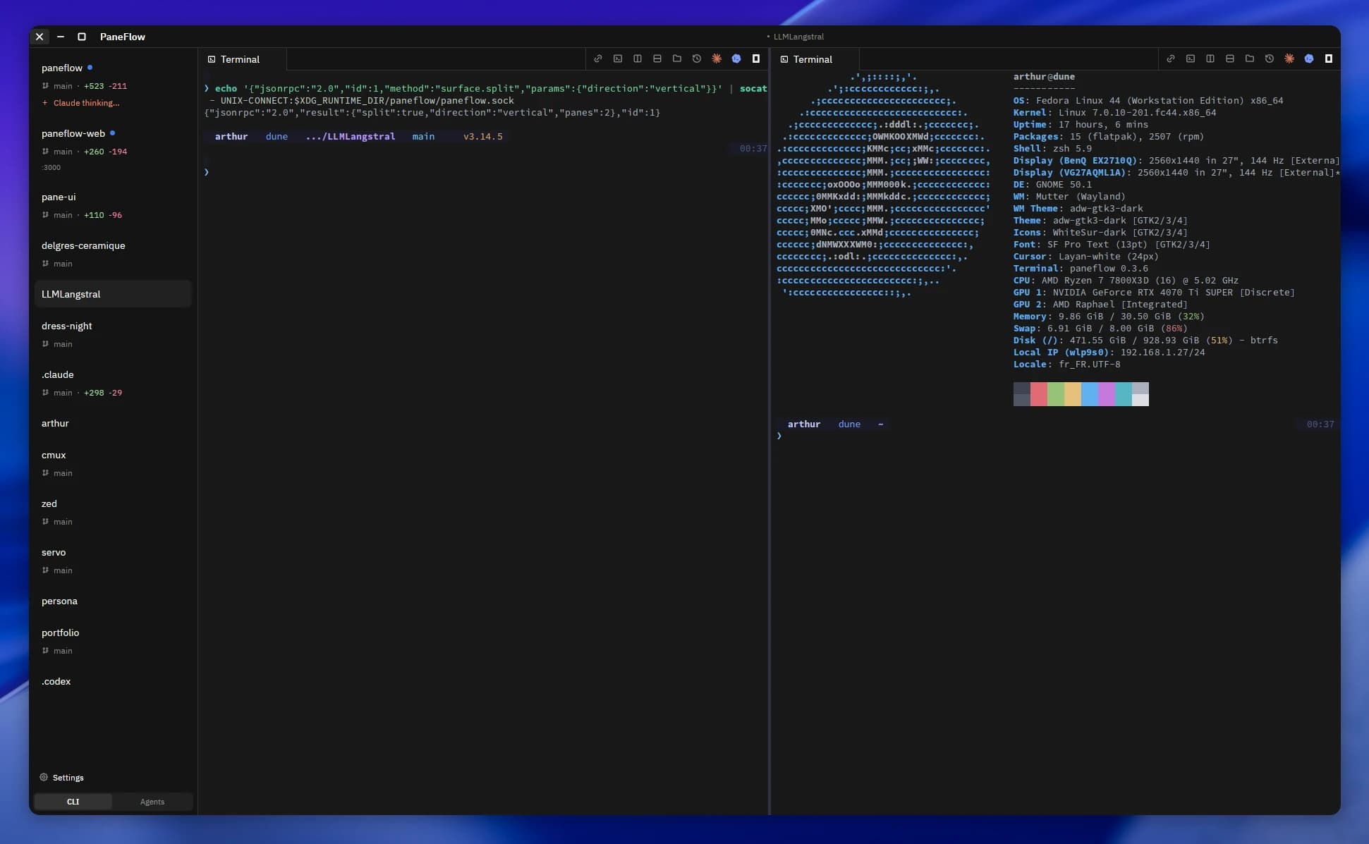 A terminal in Paneflow running a JSON-RPC command (surface.split) that drives Paneflow itself and opens a new pane