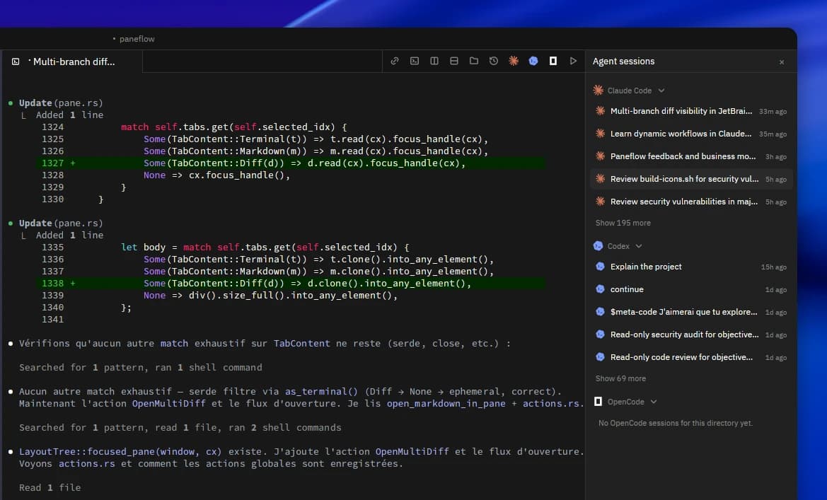 Paneflow AI agent sessions popover showing Claude Code, Codex, and OpenCode history for the current project