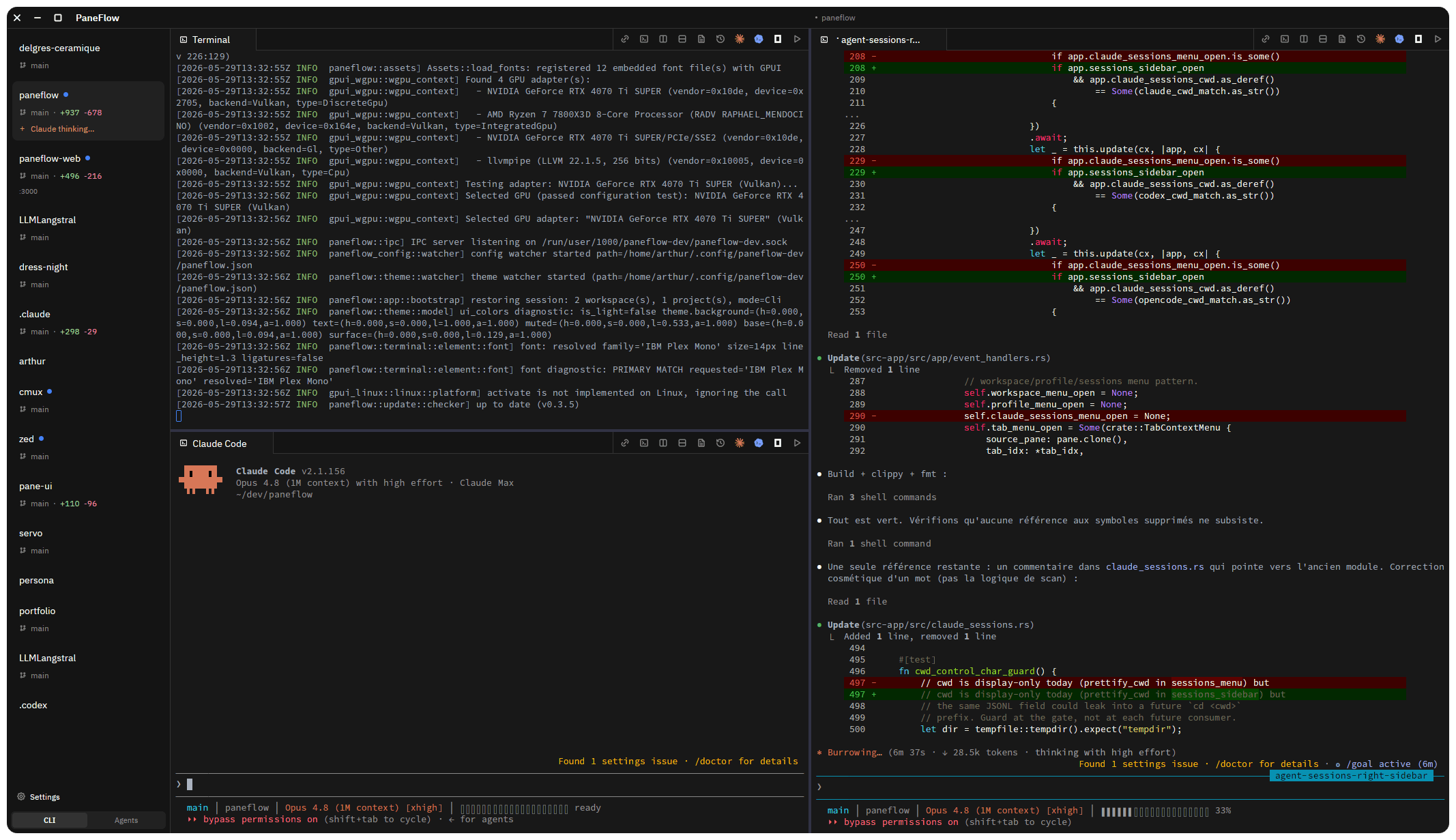 Paneflow showing Claude Code and Codex agent sessions side by side