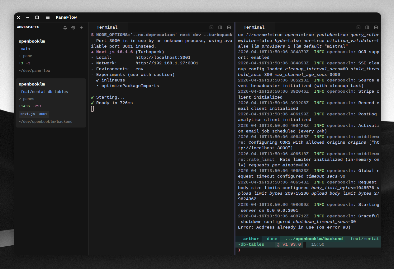 PaneFlow sidebar showing detected dev servers and git branch per workspace
