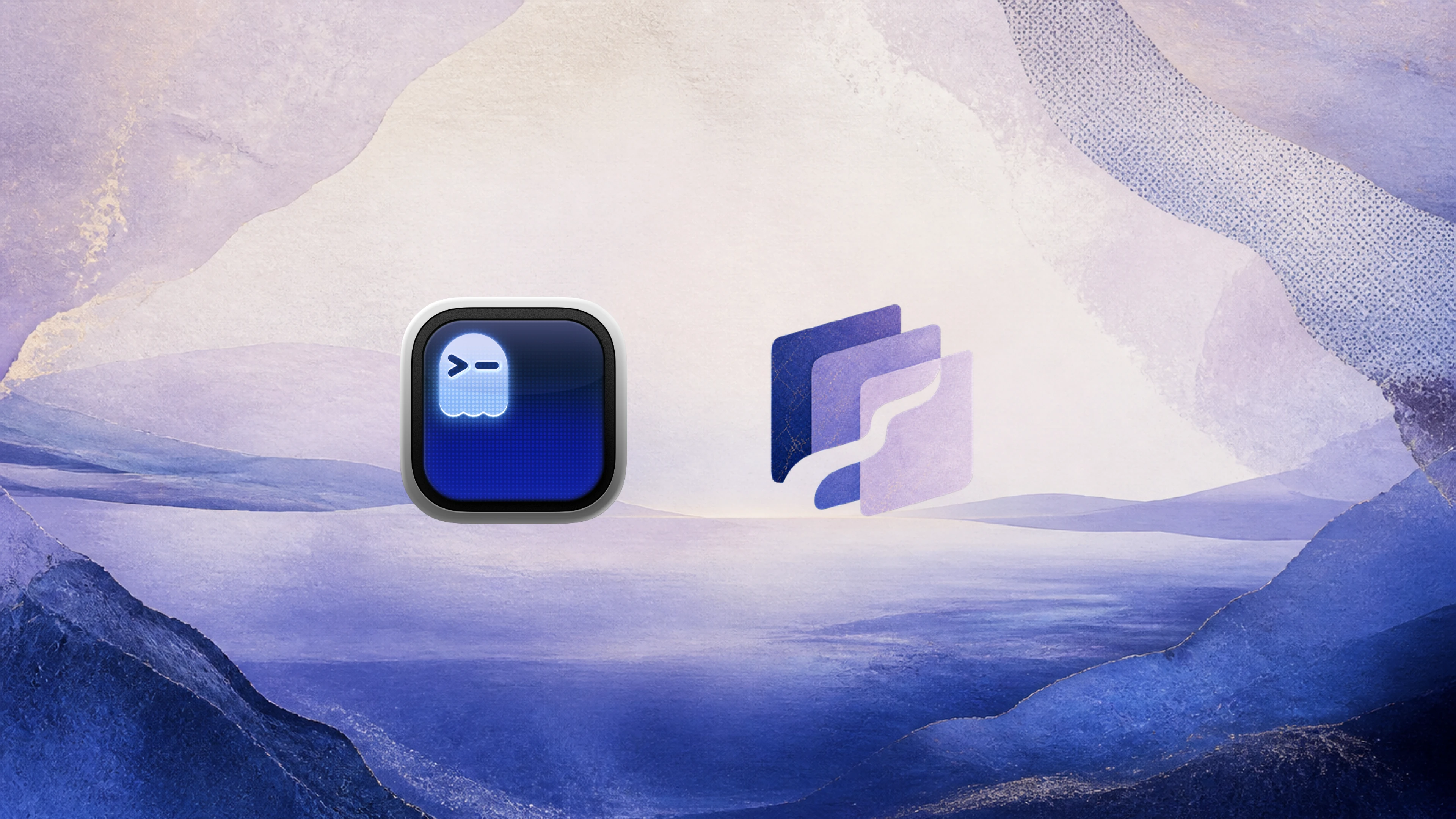 Iconos de Ghostty y Paneflow juntos en un paisaje azul y lavanda