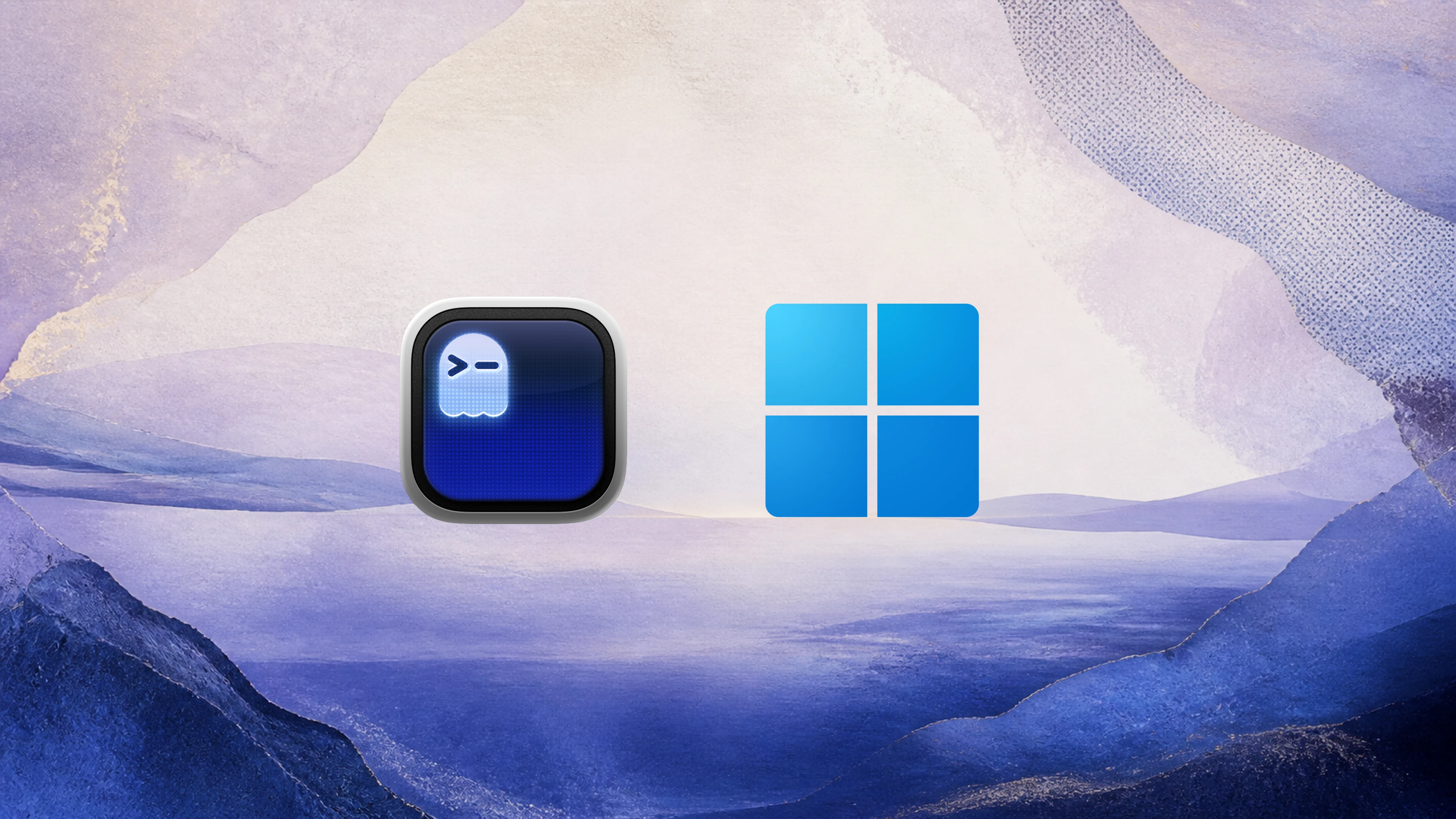 Icône de Ghostty à côté du logo Windows dans un paysage bleu et lavande