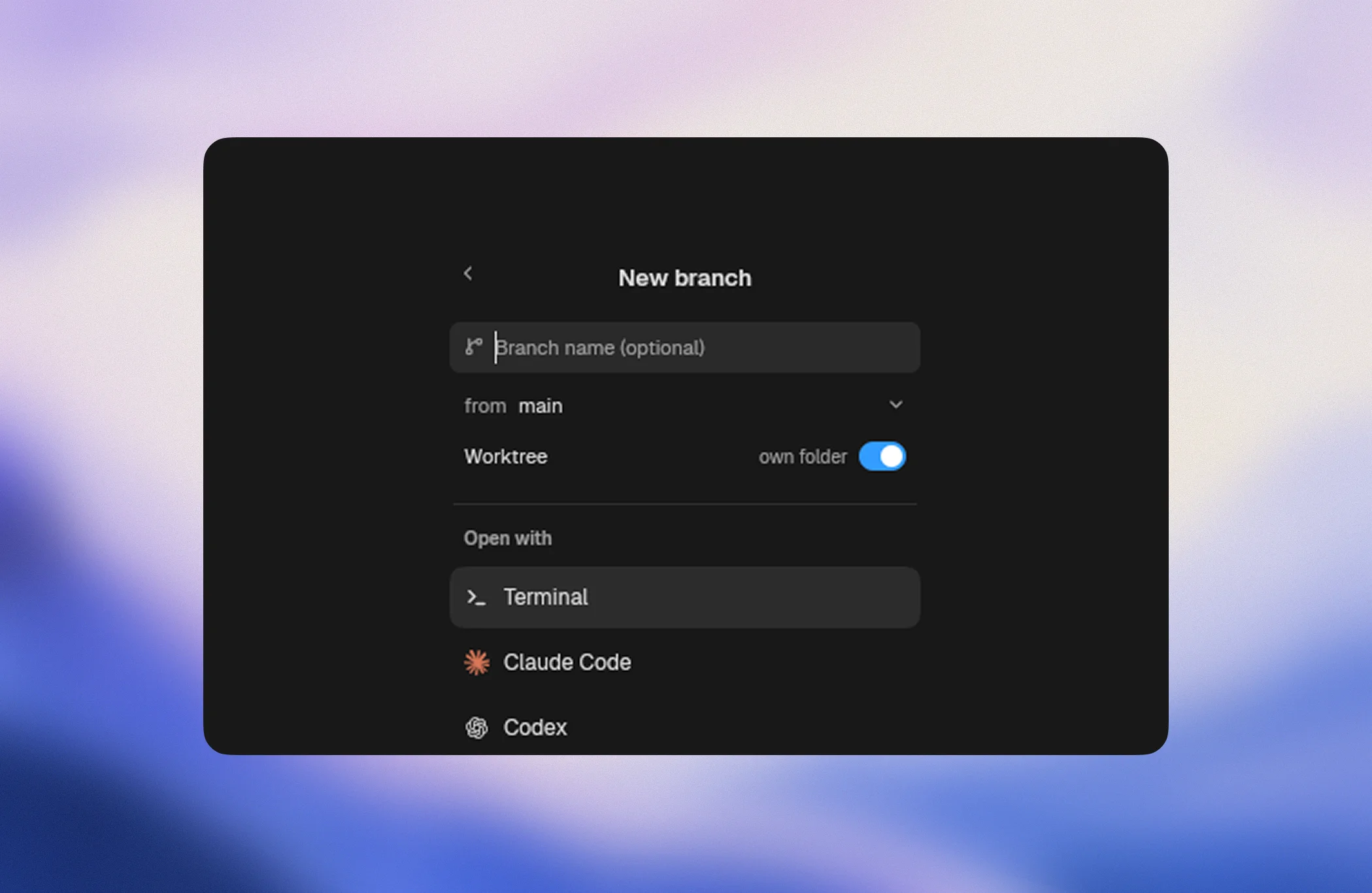 Paneflow's New pane palette with the New branch form: a branch name field, a from select, the Worktree toggle, and the list of agents to open with.
