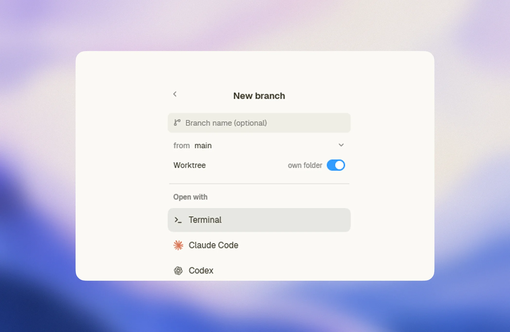 Paneflow's New pane palette with the New branch form: a branch name field, a from select, the Worktree toggle, and the list of agents to open with.