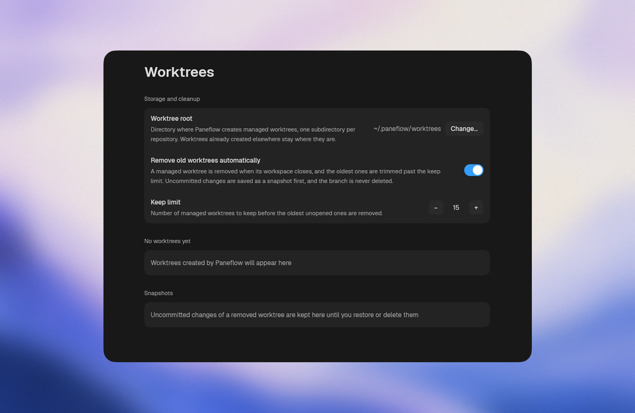 Paneflow's Settings > Worktrees page: the worktree root, the automatic removal toggle, the keep limit, the list of managed worktrees, and the snapshots section.