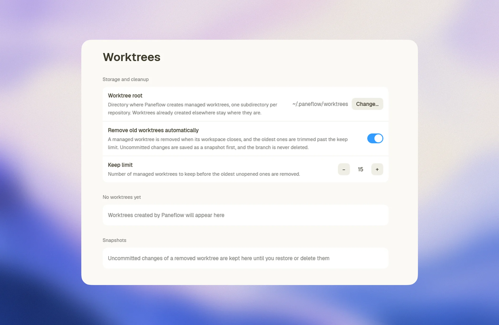 Paneflow's Settings > Worktrees page: the worktree root, the automatic removal toggle, the keep limit, the list of managed worktrees, and the snapshots section.